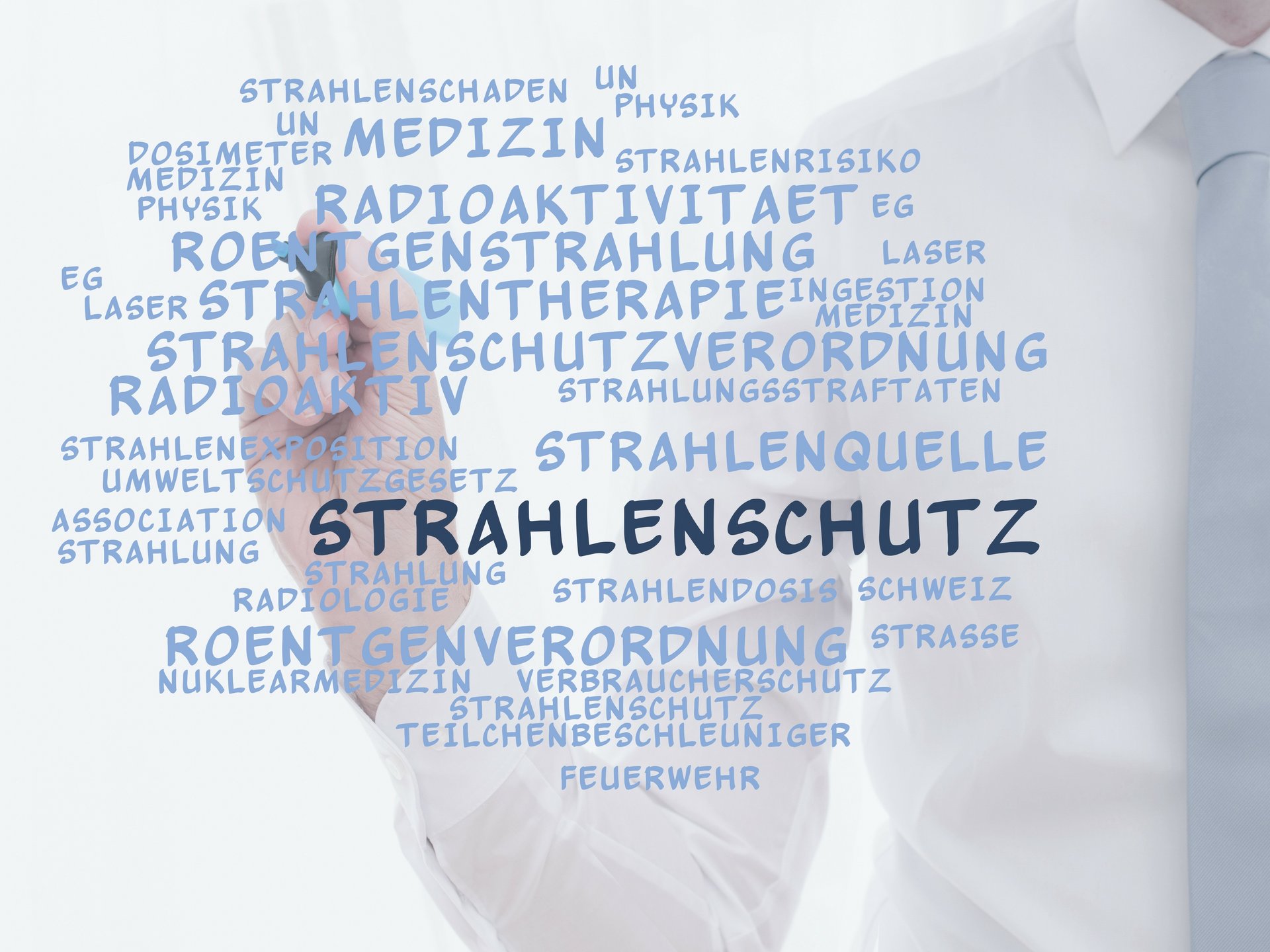 Strahlenschutzwörter Eine Person schreibt Wörter, aus dem Wortfeld des Begriffs Strahlenschutz